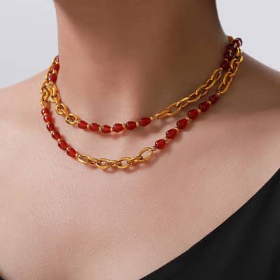 Chinese Style Gold Plated Red Agate Titanium Steel Beaded Geometric Chain Necklace Bracelet Set detail 2