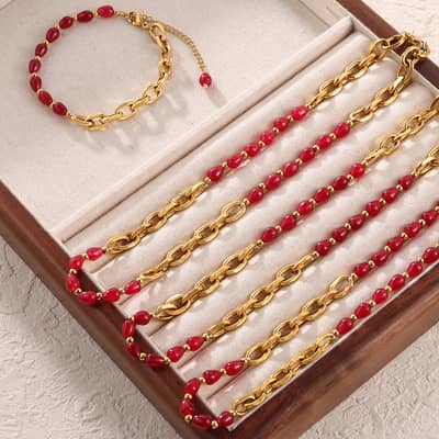 Chinese Style Gold Plated Red Agate Titanium Steel Beaded Geometric Chain Necklace Bracelet Set detail 3