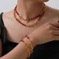 Chinese Style Gold Plated Red Agate Titanium Steel Beaded Geometric Chain Necklace Bracelet Set 4
