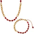 Chinese Style Gold Plated Red Agate Titanium Steel Beaded Geometric Chain Necklace Bracelet Set 5