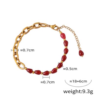 Chinese Style Gold Plated Red Agate Titanium Steel Beaded Geometric Chain Necklace Bracelet Set detail 6