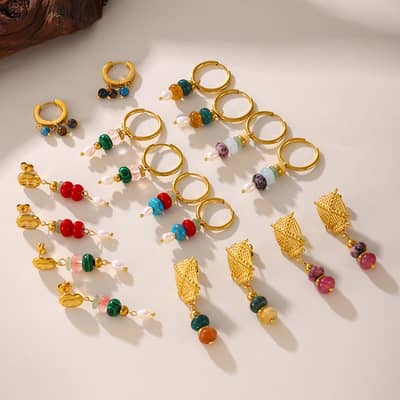 Light Luxury Retro Round Natural Stone Drop Earrings Pearl Tassel Titanium Steel Pendant Beaded detail 2