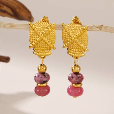 Light Luxury Retro Round Natural Stone Drop Earrings Pearl Tassel Titanium Steel Pendant Beaded detail 3