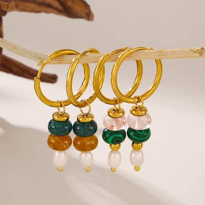 Light Luxury Retro Round Natural Stone Drop Earrings Pearl Tassel Titanium Steel Pendant Beaded detail 4
