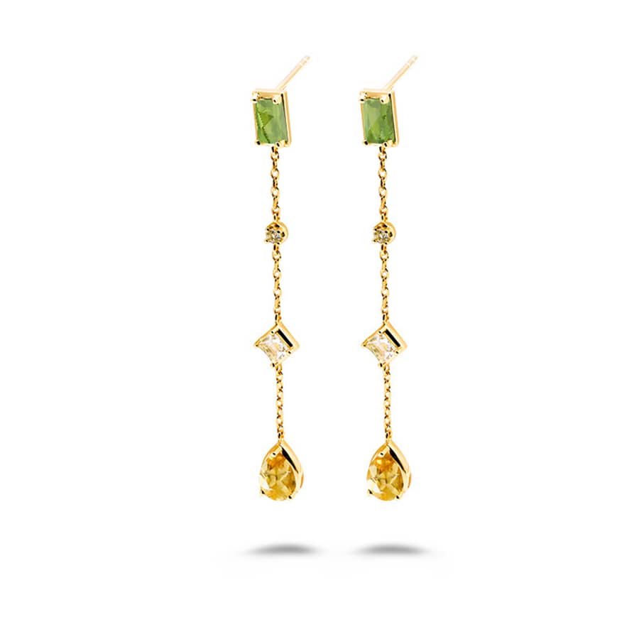Birthstone August 925 Sterling Silver Gold Plated Tassels Medium Citrine White Topaz Peridot Crystal Earrings - main