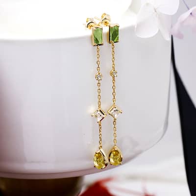 Birthstone August 925 Sterling Silver Gold Plated Tassels Medium Citrine White Topaz Peridot Crystal Earrings detail 4