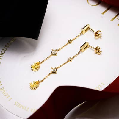 Birthstone August 925 Sterling Silver Gold Plated Tassels Medium Citrine White Topaz Peridot Crystal Earrings detail 5