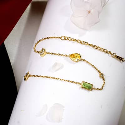 Birthstone August Peridot 925 Sterling Silver Gold Plated Vintage Geometric Drop Square-Shaped Bracelet detail 3