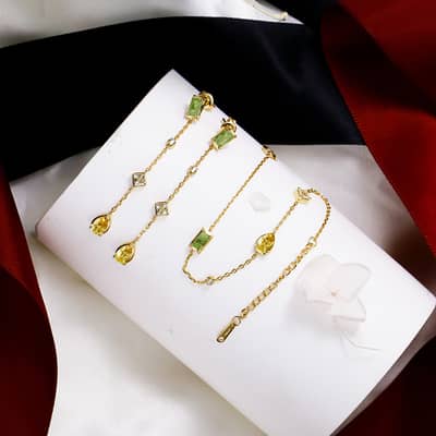 Birthstone August Peridot 925 Sterling Silver Gold Plated Vintage Geometric Drop Square-Shaped Bracelet detail 5