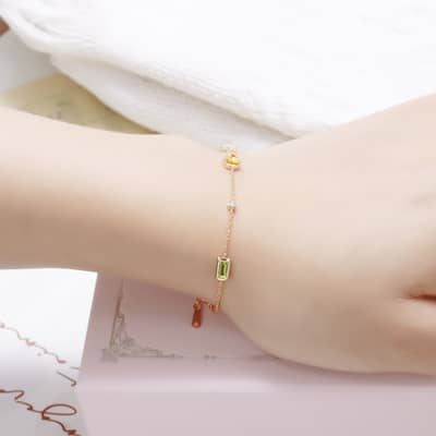 Birthstone August Peridot 925 Sterling Silver Gold Plated Vintage Geometric Drop Square-Shaped Bracelet detail 6