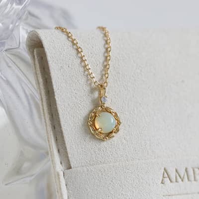 Birthstone October Opal 925 Sterling Silver Gold Plated Vintage Stripes Hollow GTC Certified Necklace detail 4