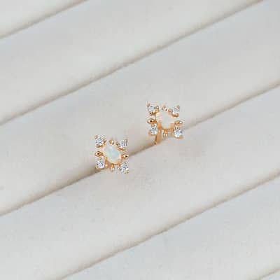 Birthstone October 925 Sterling Silver Gold Plated CZ Zircon Opal Stud Earrings Vintage Geometric detail 1