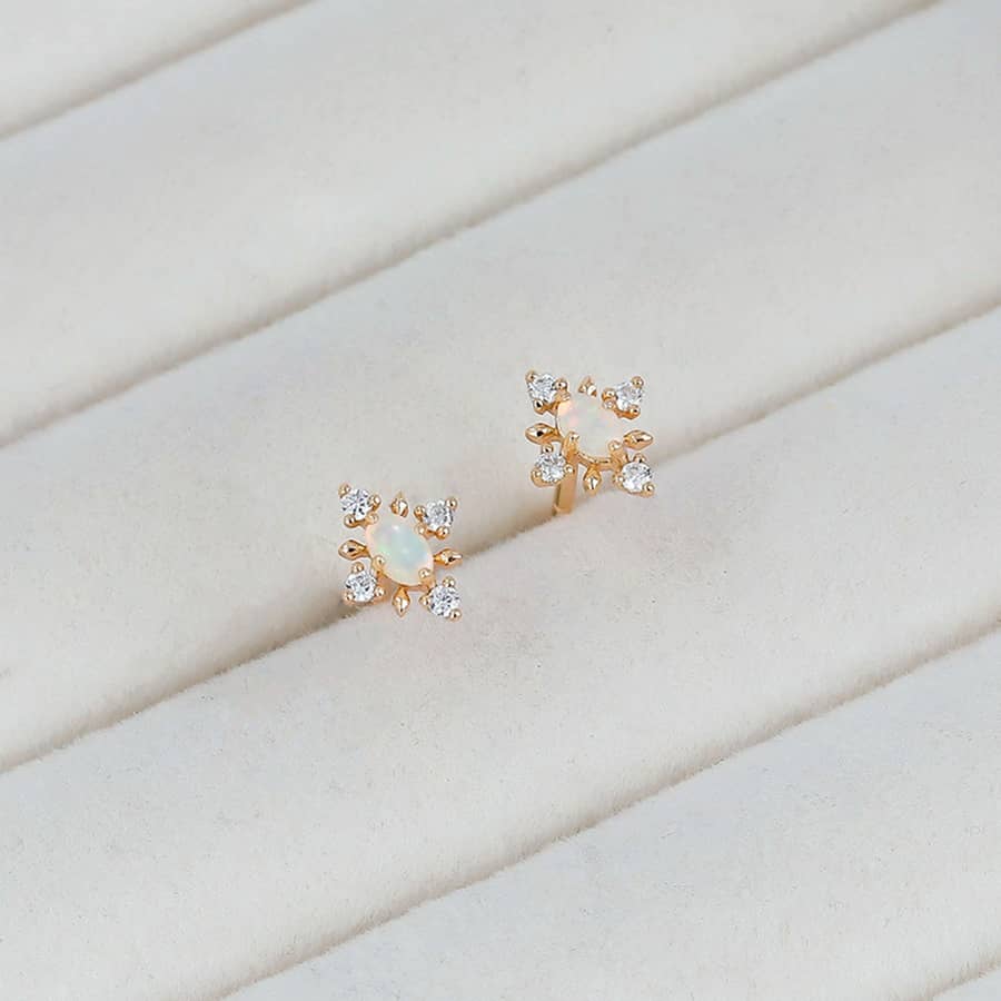 Birthstone October 925 Sterling Silver Gold Plated CZ Zircon Opal Stud Earrings Vintage Geometric - main
