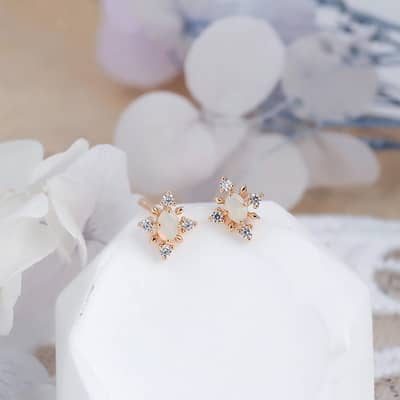Birthstone October 925 Sterling Silver Gold Plated CZ Zircon Opal Stud Earrings Vintage Geometric detail 3