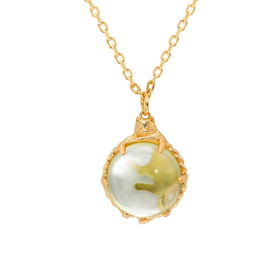 Lemon Quartz Gemstone 925 Sterling Silver Gold Plated Cute Cat Necklace - main