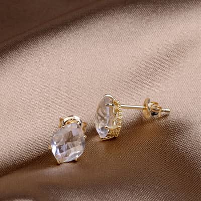 Rock Crystal Gemstone 925 Sterling Silver Gold Plated Geometric Drop Stud Earrings detail 2