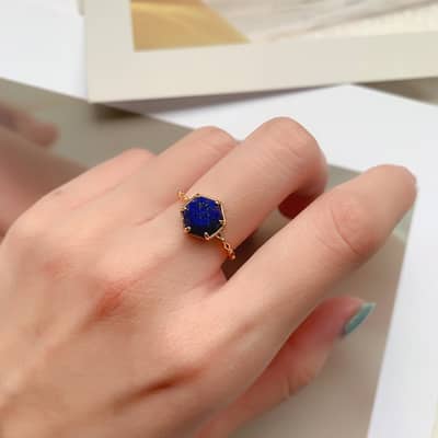 Lapis Lazuli Gemstone 925 Sterling Silver Gold Plated Geometrical Pentagram Star Vintage Crystal Ring detail 4