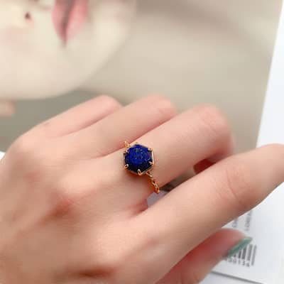 Lapis Lazuli Gemstone 925 Sterling Silver Gold Plated Geometrical Pentagram Star Vintage Crystal Ring detail 5