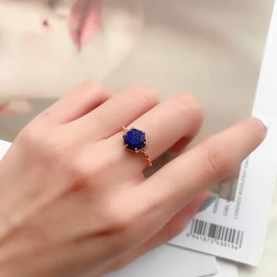 Lapis Lazuli Gemstone 925 Sterling Silver Gold Plated Geometrical Pentagram Star Vintage Crystal Ring detail 6
