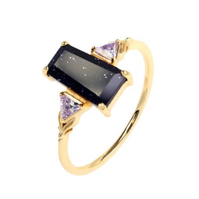 Blue Aventurine Gemstone 925 Sterling Silver Gold Plated Geometrical Triangle Trapezoid Ring
