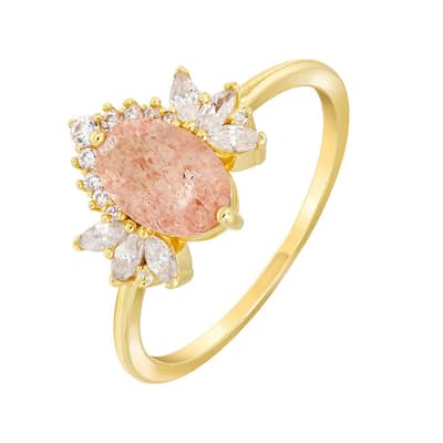 Strawberry Quartz Gemstone 925 Sterling Silver Gold Plated Butterfly CZ Zircon Ring detail 1
