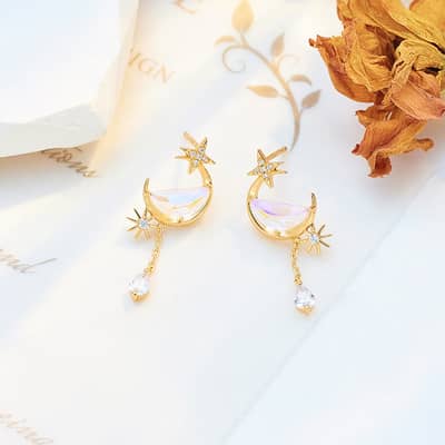 Quartz Gemstone 925 Sterling Silver Gold Plated Vintage Geometric Sky Clouds Stud Earrings detail 2