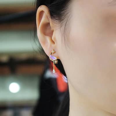 Quartz Gemstone 925 Sterling Silver Gold Plated Vintage Geometric Sky Clouds Stud Earrings detail 6