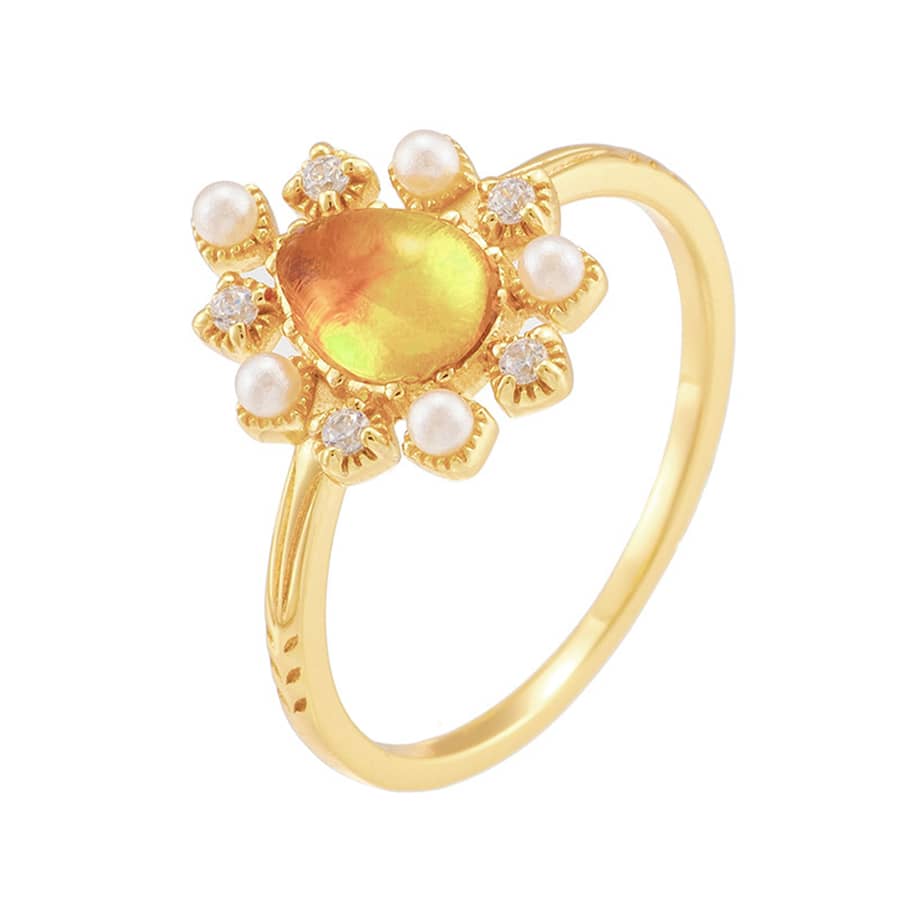 Amber Gemstone 925 Sterling Silver Gold Plated Sun Drop Ring - main