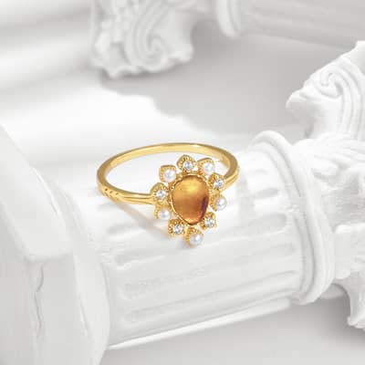 Amber Gemstone 925 Sterling Silver Gold Plated Sun Drop Ring detail 2