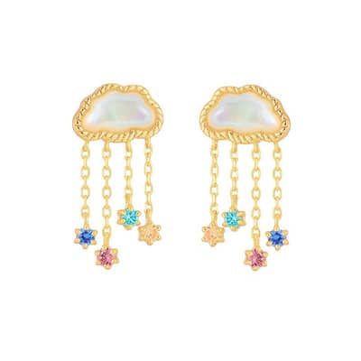 Gemstone 925 Sterling Silver Gold Plated CZ Zircon Shell Stud Earrings Vintage Geometric Design detail 1