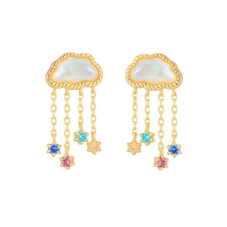 Gemstone 925 Sterling Silver Gold Plated CZ Zircon Shell Stud Earrings Vintage Geometric Design - main
