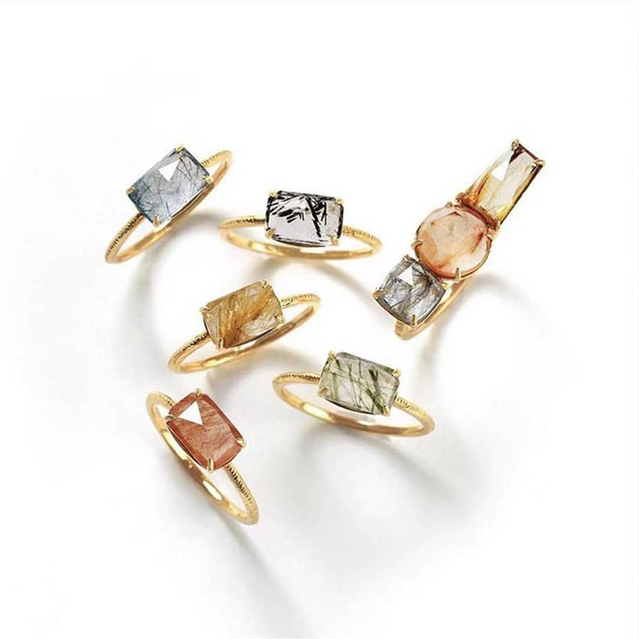 Rutilated Quartz Gemstone 925 Sterling Silver Gold Plated Rainbow Ring - main