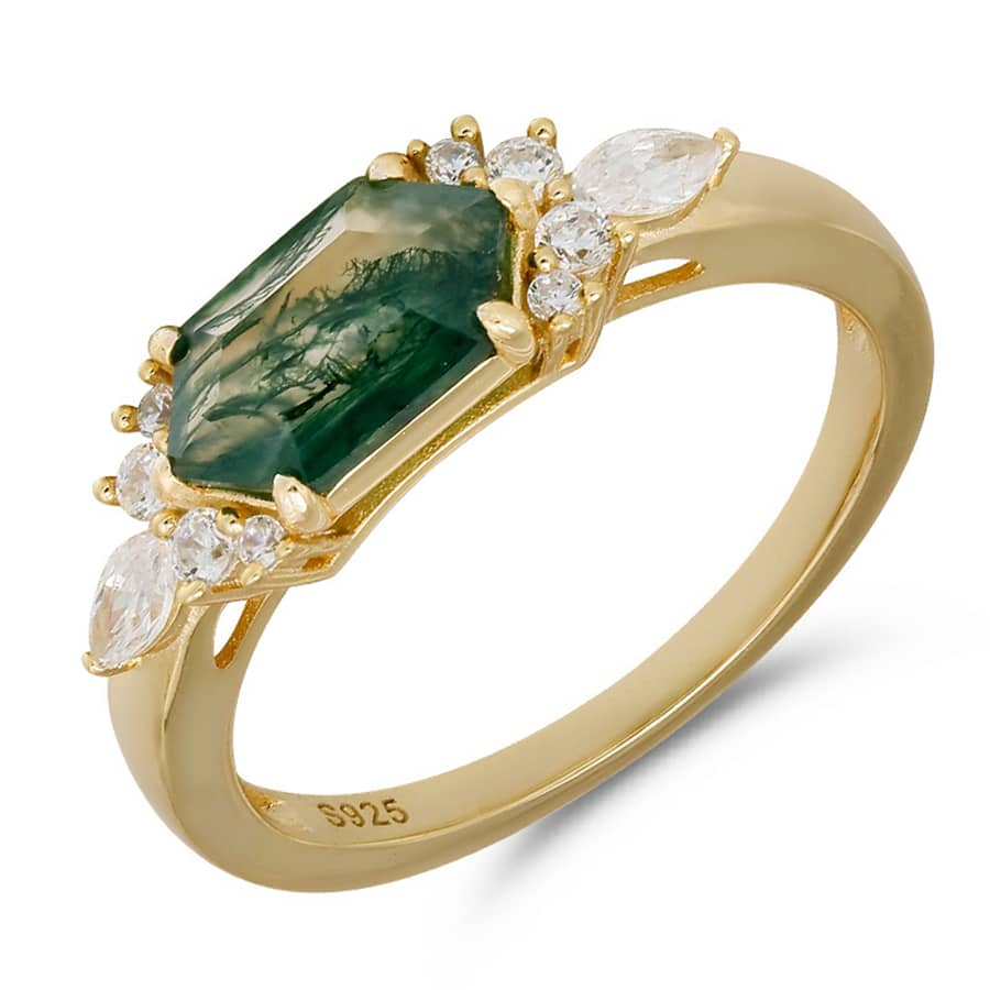 Moss Agate Gemstone 925 Sterling Silver Gold Plated CZ Zircon Geometric Hexagon Ring - main