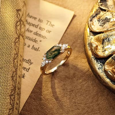 Moss Agate Gemstone 925 Sterling Silver Gold Plated CZ Zircon Geometric Hexagon Ring detail 3