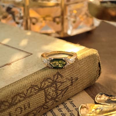 Moss Agate Gemstone 925 Sterling Silver Gold Plated CZ Zircon Geometric Hexagon Ring detail 4