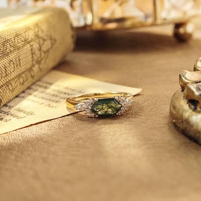 Moss Agate Gemstone 925 Sterling Silver Gold Plated CZ Zircon Geometric Hexagon Ring detail 5