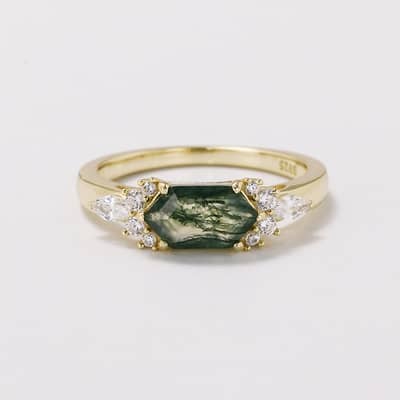 Moss Agate Gemstone 925 Sterling Silver Gold Plated CZ Zircon Geometric Hexagon Ring detail 6