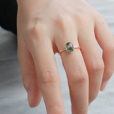Moss Agate Gemstone 925 Sterling Silver Gold Plated Geometric Oval Crystal Ring detail 2