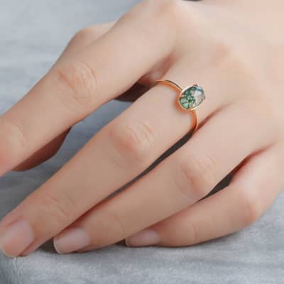 Moss Agate Gemstone 925 Sterling Silver Gold Plated Geometric Oval Crystal Ring detail 3