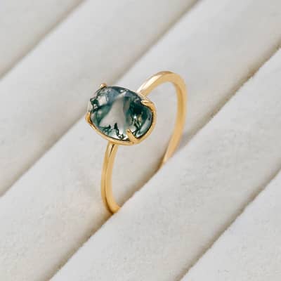 Moss Agate Gemstone 925 Sterling Silver Gold Plated Geometric Oval Crystal Ring detail 5