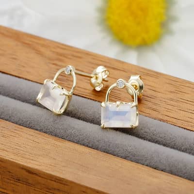 Moonstone Gemstone 925 Sterling Silver Gold Plated Cute Bag Clouds Earrings detail 5