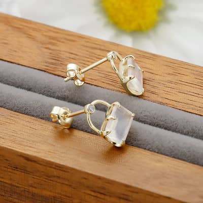 Moonstone Gemstone 925 Sterling Silver Gold Plated Cute Bag Clouds Earrings detail 6