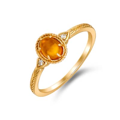 Gemstone 925 Sterling Silver Gold Plated Vintage Oval Amber Twig Ring detail 1