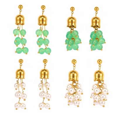 Trendy Stainless Steel Gold Plated Bell Orchid Bead Earrings Pearl Natural Stone Tassel Dangle detail 1