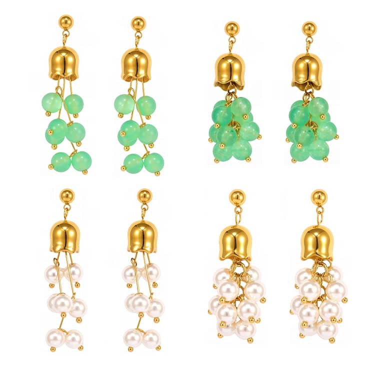 Trendy Stainless Steel Gold Plated Bell Orchid Bead Earrings Pearl Natural Stone Tassel Dangle - main