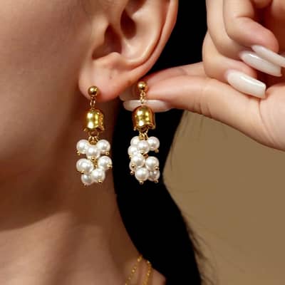 Trendy Stainless Steel Gold Plated Bell Orchid Bead Earrings Pearl Natural Stone Tassel Dangle detail 2