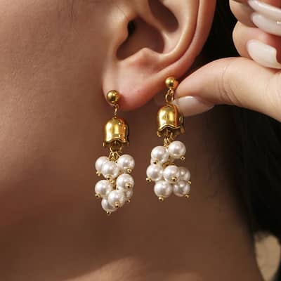 Trendy Stainless Steel Gold Plated Bell Orchid Bead Earrings Pearl Natural Stone Tassel Dangle detail 4