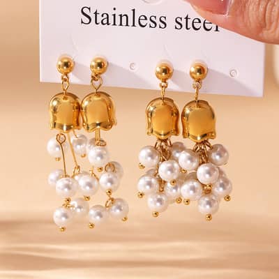 Trendy Stainless Steel Gold Plated Bell Orchid Bead Earrings Pearl Natural Stone Tassel Dangle detail 5