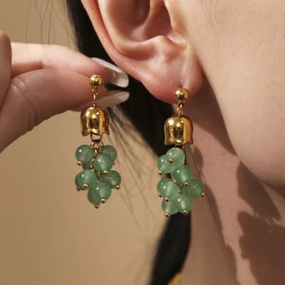 Trendy Stainless Steel Gold Plated Bell Orchid Bead Earrings Pearl Natural Stone Tassel Dangle detail 6