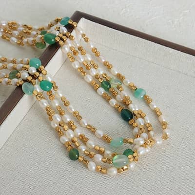 Trendy Freshwater Pearl Geometric Natural Stone Steel Bead Titanium Steel Necklace detail 1